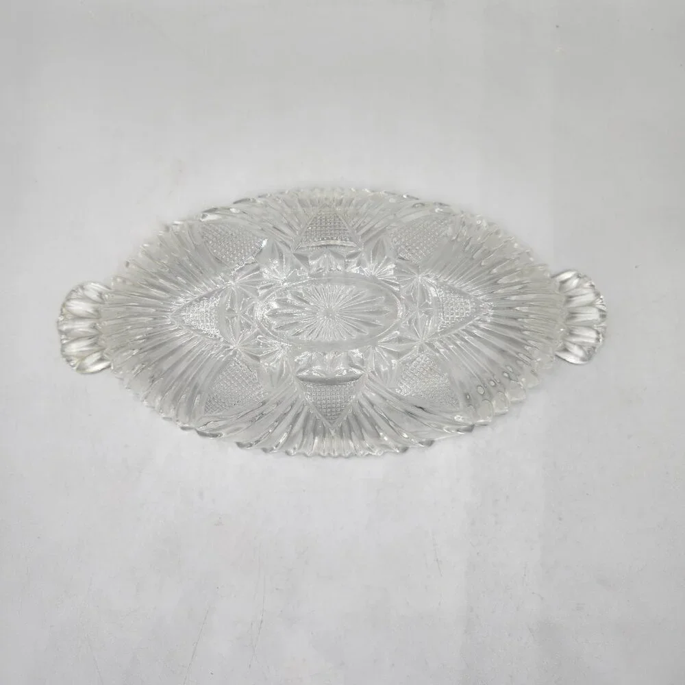 Vintage Hazel Atlas 573 Oval Olive Relish Dish Clear Handled Star and Fan